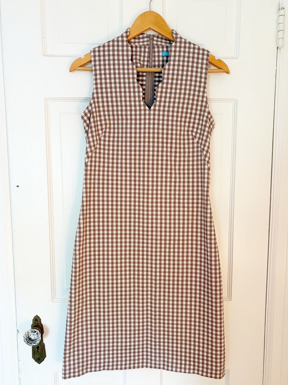 J. McLaughlin Brown and White Gingham Shift Dress Vilma Size 2 Scalloped Neck